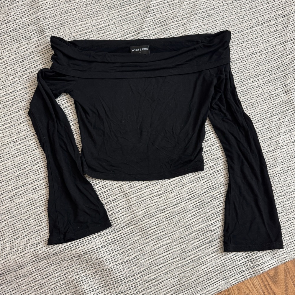 White Fox Boutique Black Off-the-Shoulder Bell Sleeve Crop Blouse